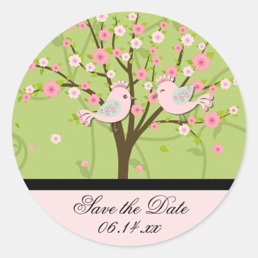 Cherry Blossom Birds Save the Date Ronde Stickers (Voorkant)