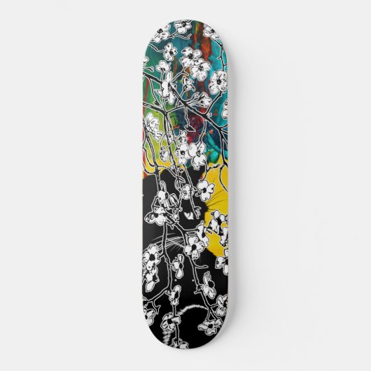 Cherry Blossom Black Cat Abstract Floral Skateboard (Voorkant)