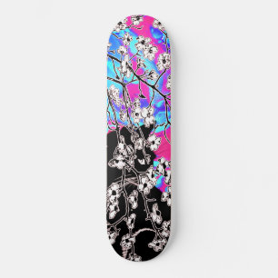 Cherry Blossom Black Cat Abstract sky Blue Floral Skateboard