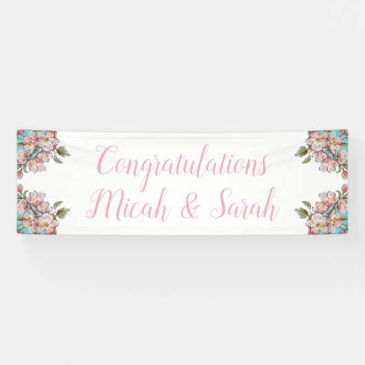 Cherry Blossom Blauwgroen Retro Baby shower Spandoek (Horizontaal)