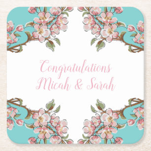 Cherry Blossom Blauwgroen Retro Baby shower Vierkante Kartonnen Onderzetter