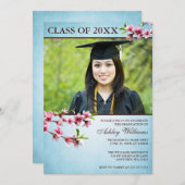 Cherry Blossom  Blue Photo Afstuderen Kaart (Voorkant / Achterkant)