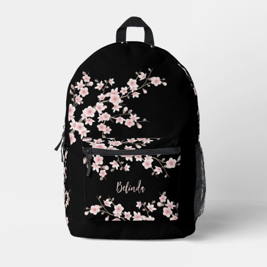Cherry Blossom Blush Pink Black Monogram Bedrukte Rugzak (Voorkant)