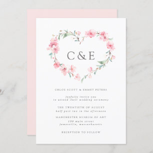 Cherry Blossom Botanical Heart Monogram Weddenscha Kaart