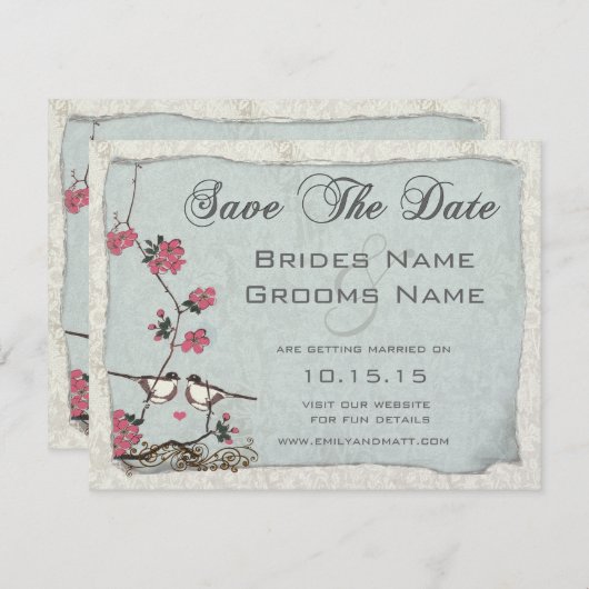 Cherry Blossom Chickadee Damask Save the Date Kaart (Voorkant / Achterkant)