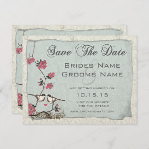 Cherry Blossom Chickadee Damask Save the Date Kaart