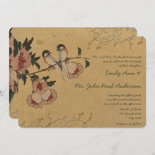 Cherry Blossom Chickadee Damask Wedding Kaart