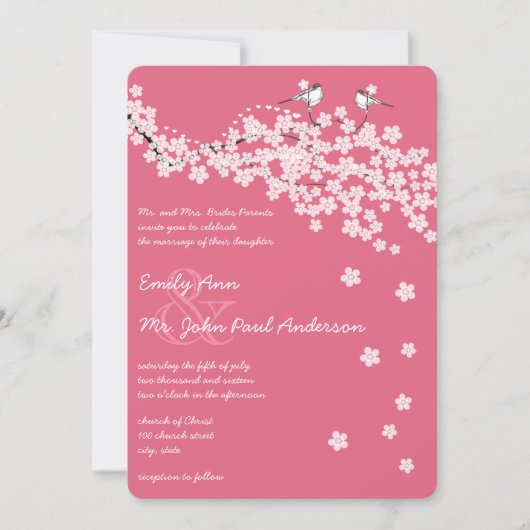  Cherry Blossom Chickadee Damask Wedding Kaart (Voorkant)