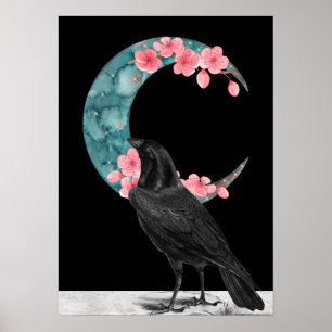 Cherry Blossom Crescent Moon and Crow Poster