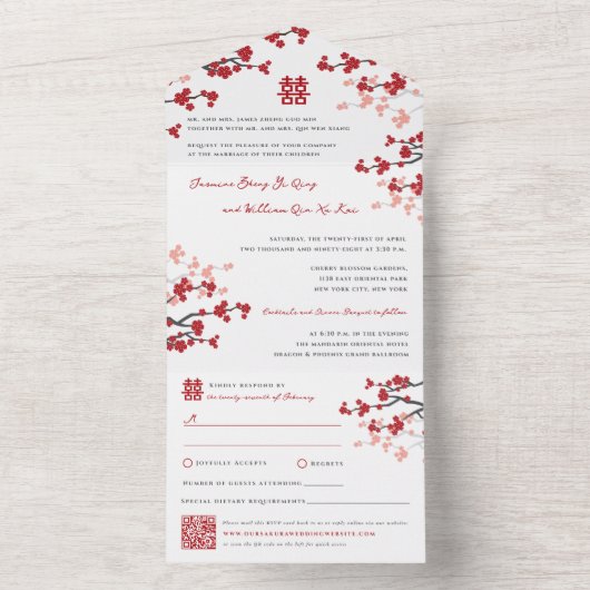 Cherry Blossom Double Happiness Chinese bruiloft All In One Uitnodiging (Binnen)
