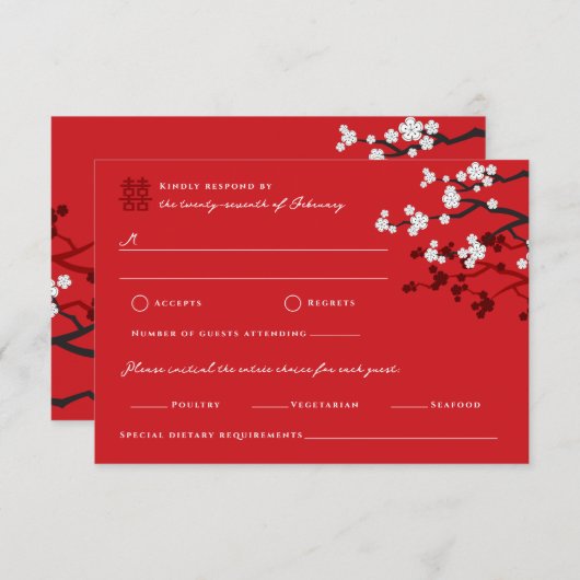 Cherry Blossom Double Happiness Chinese bruiloft RSVP Kaartje (Voorkant / Achterkant)