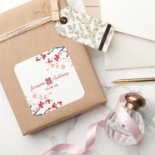 Cherry Blossom Double Happiness Chinese bruiloft Vierkante Sticker (Geschenken)