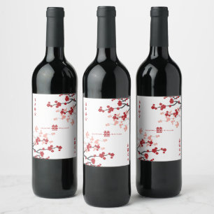 Cherry Blossom Double Happiness Chinese bruiloft Wijn Etiket