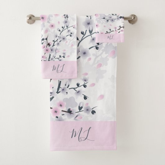 Cherry Blossom Dusky Pink Mauve Monogram Bad Handdoek (Insitu)