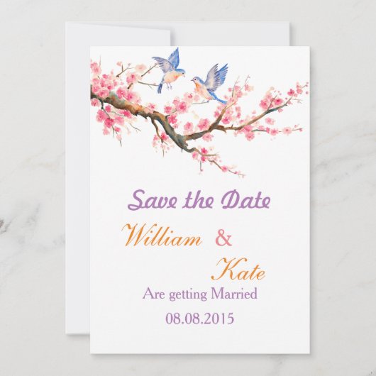 Cherry Blossom en Blue Birds Save the Date (Voorkant)