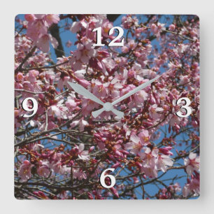 Cherry Blossom en Blue Sky Spring Floral Vierkante Klok