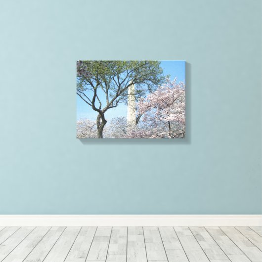 Cherry Blossom en het Washington Monument in DC Canvas Afdruk (Insitu (Houten vloer))