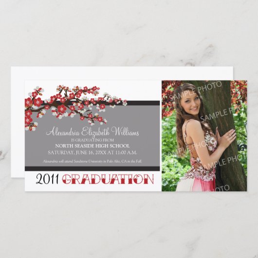 Cherry Blossom Faire-part de graduation (noir) (Devant / Derrière)