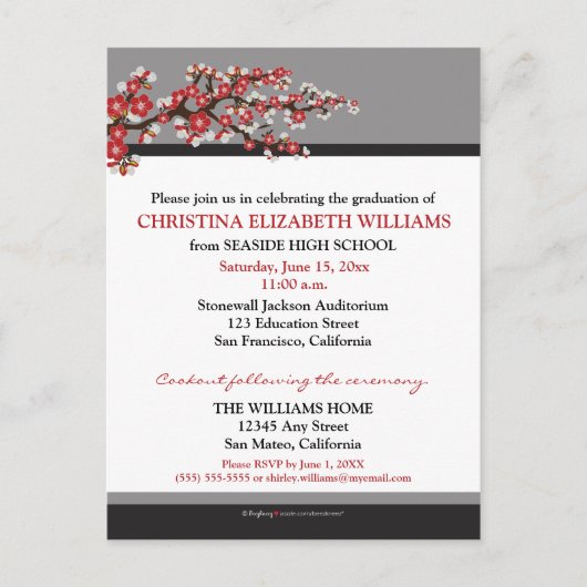 Cherry Blossom Faire-part de graduation (noir) (Devant)