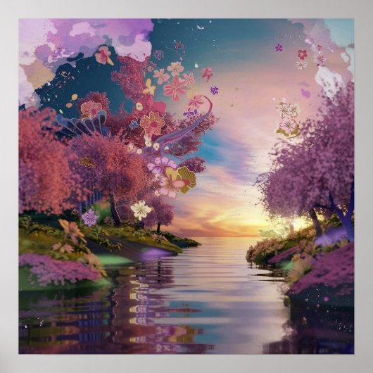 Cherry Blossom Fantasy: rustige zonsondergang scen Poster (Voorkant)