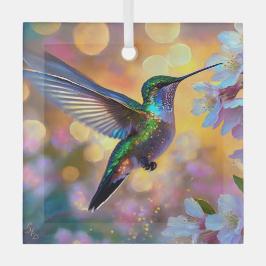 Cherry Blossom Fantasy Sunrise kolibrie Glas Ornament (Voorkant)