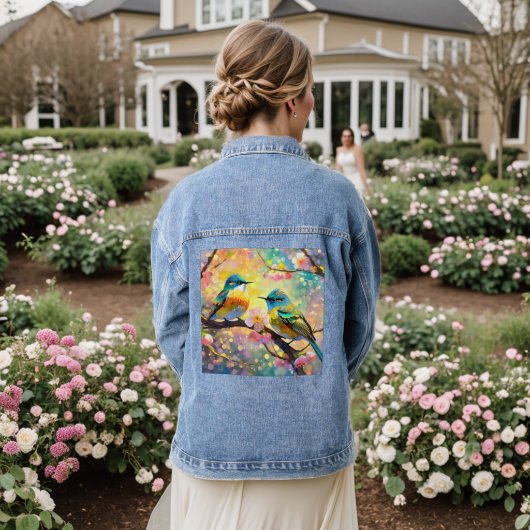 Cherry Blossom Fantasy Sunrise zangvogels Denim Jacket (Huwelijk Achterkant)