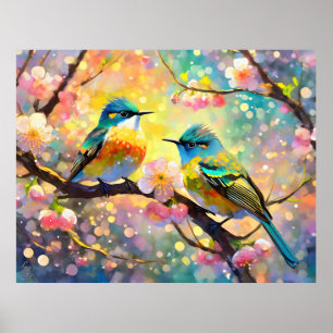 Cherry Blossom Fantasy Sunrise zangvogels Poster