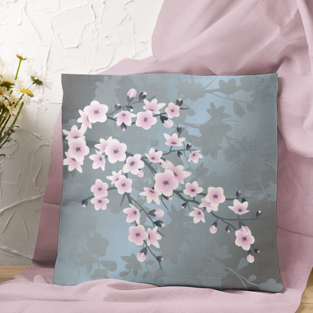 Cherry Blossom Floral Dusty Pink Dusty Blue Kussen (Creator heeft geüpload)