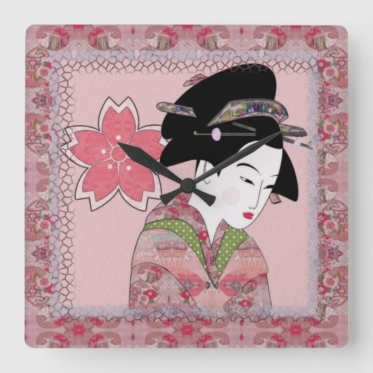 Cherry Blossom Geisha Vierkante Klok (Voorkant)