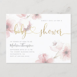 Cherry Blossom Gold Script Floral Baby shower Uitnodiging Briefkaart