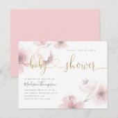 Cherry Blossom Gold Script Floral Baby shower Uitnodiging Briefkaart (Voorkant / Achterkant)