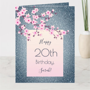 Cherry Blossom Happy Birthday Dark Blue Glitter Kaart