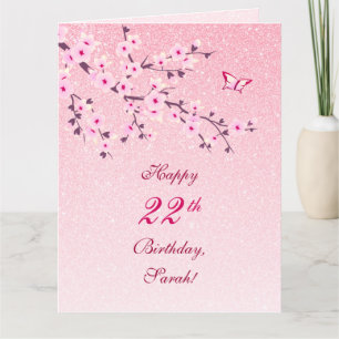 Cherry Blossom Happy Birthday Pink Glitter Kaart