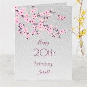 Cherry Blossom Happy Birthday Silver Glitter Kaart (Gele Bloem)