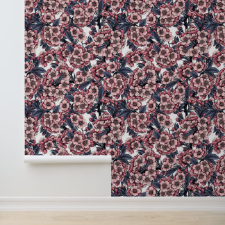 Cherry blossom in pink and blue behang