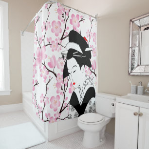 cherry blossom japanese geisha roze zwart wit 3 douchegordijn