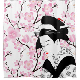 cherry blossom japanese geisha roze zwart wit 3 douchegordijn