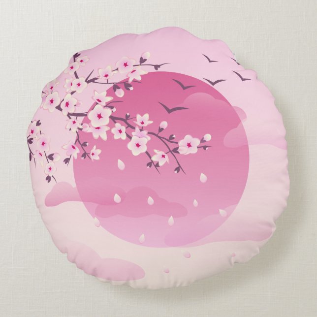 Cherry Blossom Japans landschap Roze Rond Kussen (Achterkant)