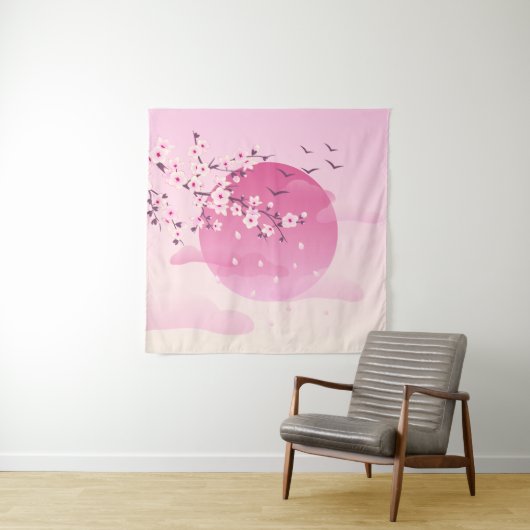 Cherry Blossom Japans landschap Roze Wandkleed (In situ)