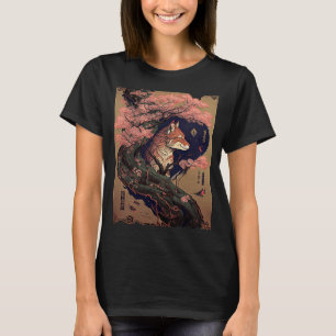 Cherry Blossom Japanse Fox Scroll Grafisch T-shirt