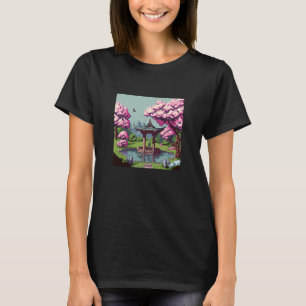 Cherry Blossom Japanse shrine pond retro, 16-bits T-shirt