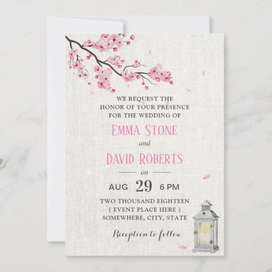 Cherry Blossom  Lantern Linen Wedding Kaart (Voorkant)