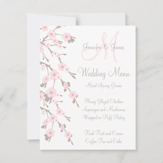 Cherry Blossom Mariage Dîner Carte Menu Avant (Dos)