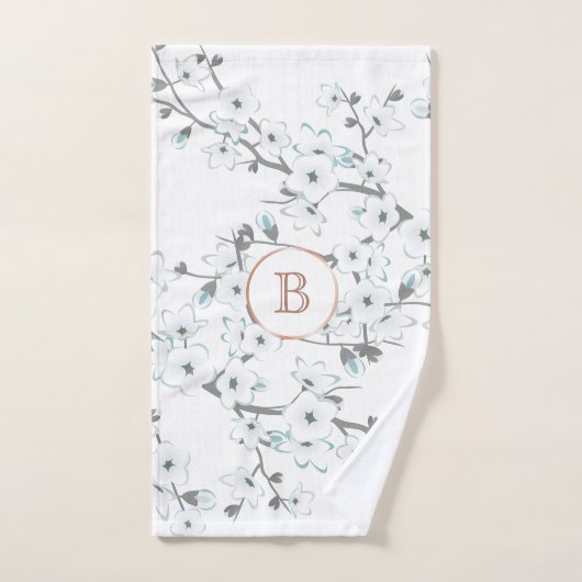 Cherry Blossom Mint White Rose Gold Monogram Handdoek (Handdoek)