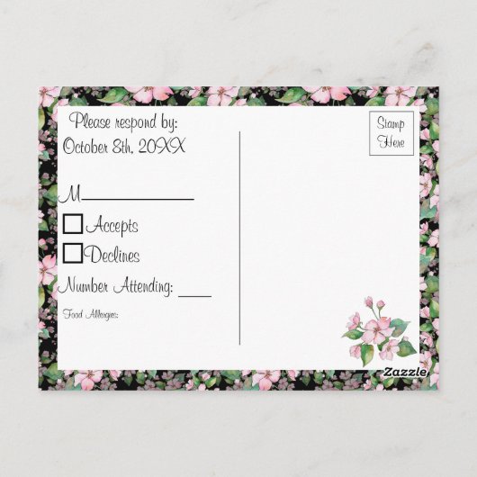 Cherry Blossom op Black Wedding RSVP Briefkaart (Achterkant)