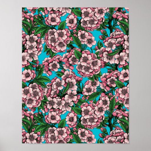 Cherry Blossom op blauw Poster (Voorkant)