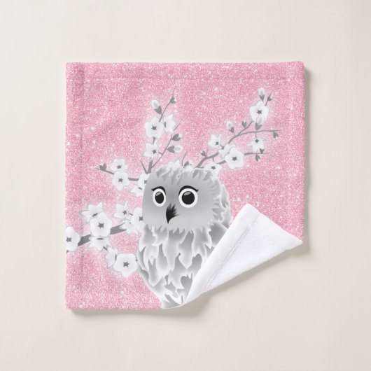 Cherry Blossom Owl White roze Glitter Monogram Bad Handdoek (Wasdoekje)