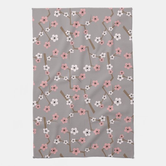 Cherry Blossom Pattern Gray Theedoek (Verticaal)