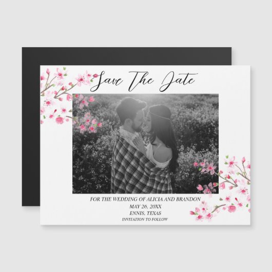 Cherry Blossom Photo Mariage Ressort Magnet Script (Devant / Derrière)