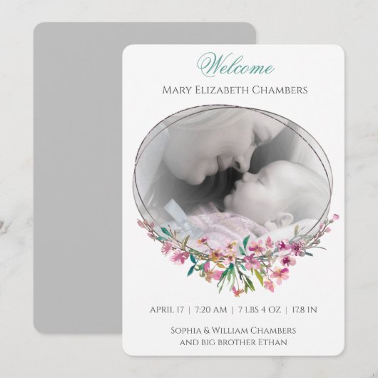 Cherry Blossom Photo Template Birth Announounding (Voorkant / Achterkant)